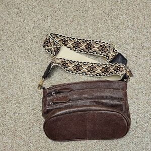 Heshe Brown Crossbody Brown Leather Bag with Patterned Removable  Strap